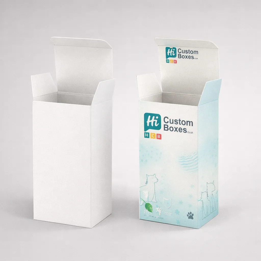 Two upright cardboard product boxes with open tuck-top lids, showing one plain and one branded version.